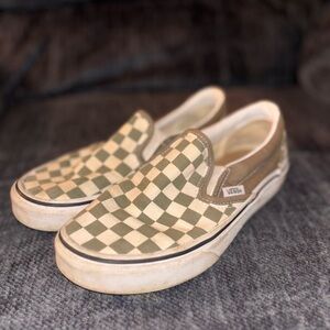 Vans Olive and Cream Checkered Slip-Ons